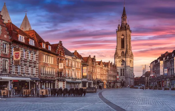 Небо, закат, башня, дома, вечер, площадь, Бельгия, Belgium