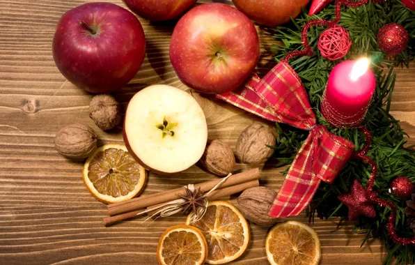 Картинка яблоки, фрукты, орехи, Christmas, лимоны, New Year, decoration