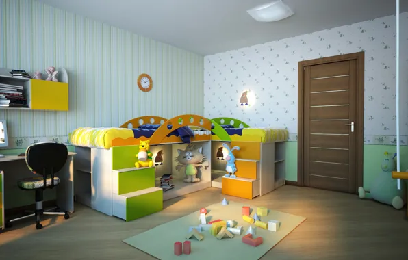 Дизайн, комната, обои, игрушки, кровать, дверь, детская