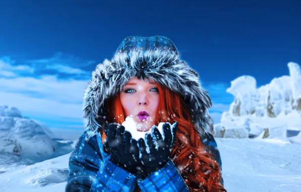 Картинка зима, девушка, снег, горы, настроение, волосы, капюшон, рыжая