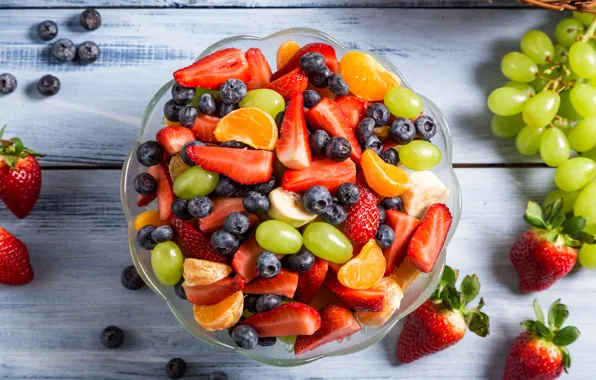 Черника, клубника, виноград, десерт, fruit, strawberry, мандарин, фруктовый салат