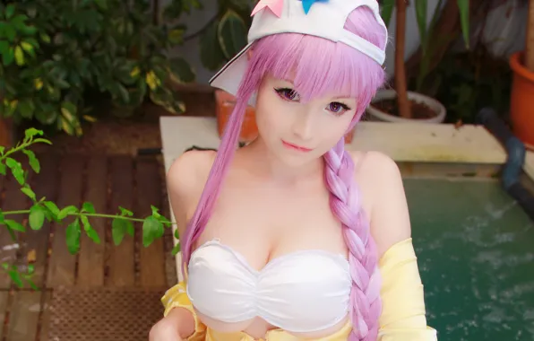 Girl, sexy, pool, cleavage, pink hair, long hair, boobs, beautiful