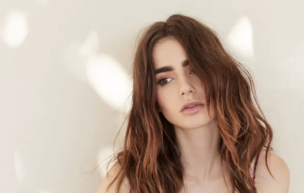 Взгляд, девушка, волосы, портрет, Lily Collins