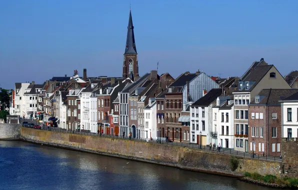 Картинка небо, вода, башня, дома, Нидерланды, набережная, Маастрихт