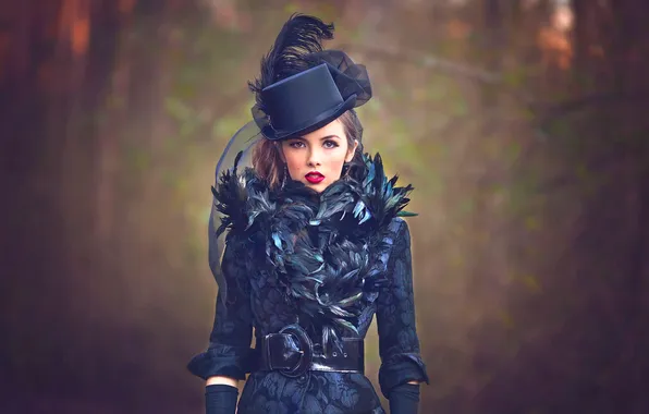 Картинка девушка, перья, макияж, шляпка, Julia Altork, Victorian Goth