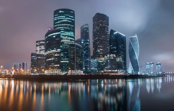 Город, отражение, река, здания, дома, вечер, освещение, Москва