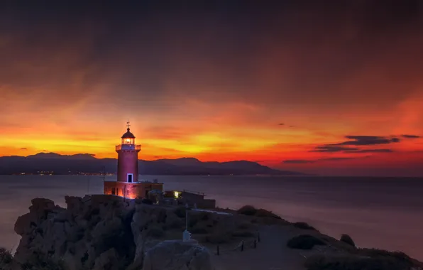 Картинка море, пейзаж, закат, природа, скалы, маяк, вечер, Греция