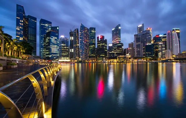 Небо, ночь, мост, огни, пролив, небоскребы, подсветка, Сингапур
