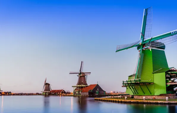 Картинка lights, house, twilight, landscape, sunset, water, windmill, Netherlands