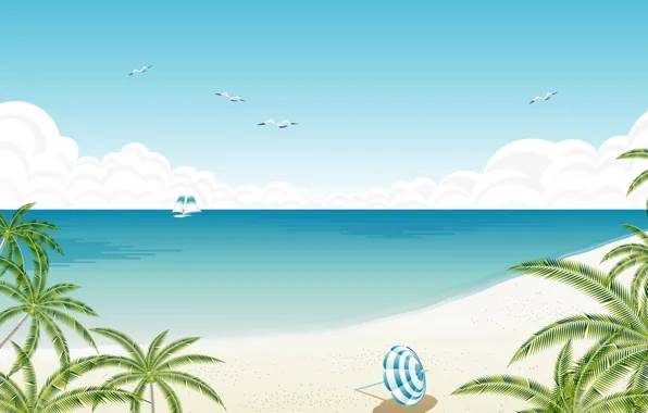 Картинка vector, beach, coast, umbrella, yacht, palm