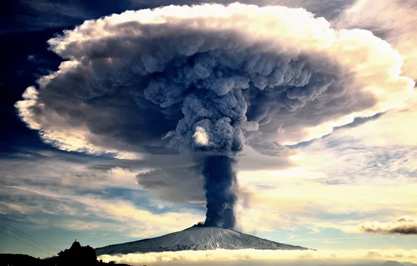 Пепел, дым, гора, вулкан, извержение вулкана