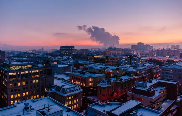 Clouds, Sky, Winter, Snow, Smoke, City Lights, Alexander Popov