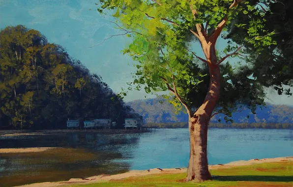 Лето, пейзаж, река, дерево, дома, арт, постройки, artsaus