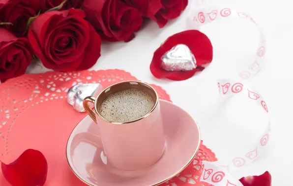 Картинка любовь, цветы, кофе, розы, red rose, valentine's day