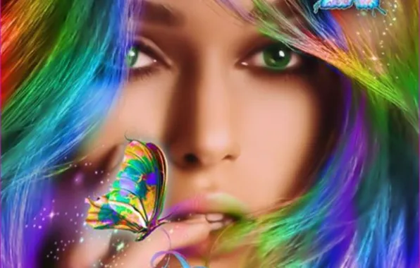 Картинка girl, beautiful, hair, butterflies, colorful women