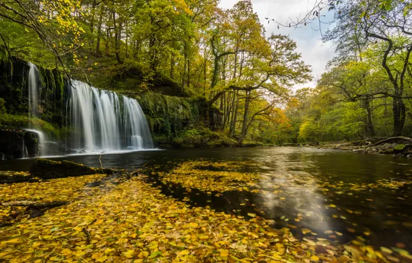 Картинка осень, река, водопад