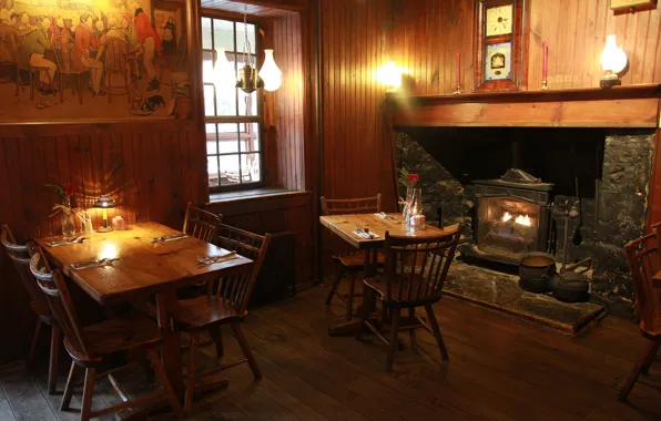 Wood, fireplace, tables, chairs, restaurant