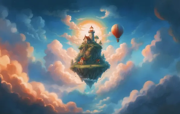 Небо, рисунок, маяк, остров, сказка, иллюстрация, lighthouse, illustration