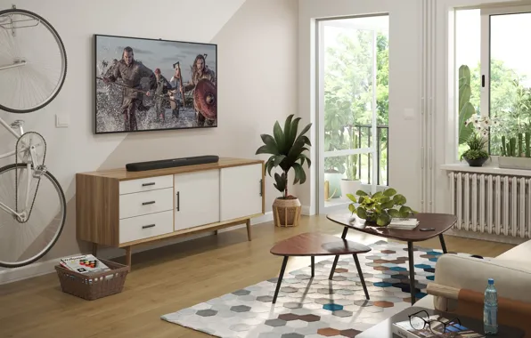Картинка Yamaha, sound bar, скандинавский дизайн гостиной, Yamaha SR-B20A, Stylish Scandinavian Living Room Designs