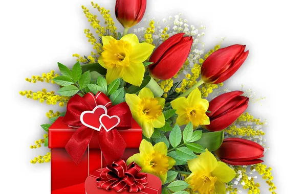 Картинка цветы, праздник, сердце, весна, подарки, тюльпаны, бант, 8 марта