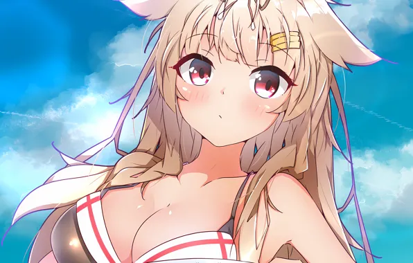 Girl, sexy, cleavage, sky, long hair, boobs, animal ears, anime