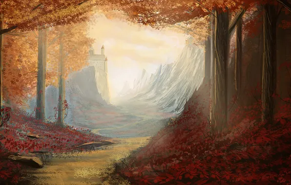 Картинка осень, лес, небо, листья, деревья, замок, тропа, арт