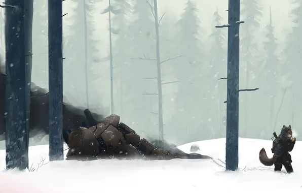 Картинка зима, лес, снег, робот, существо, лис, уши