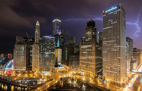 Картинка небо, ночь, огни, молния, США, город Чикаго