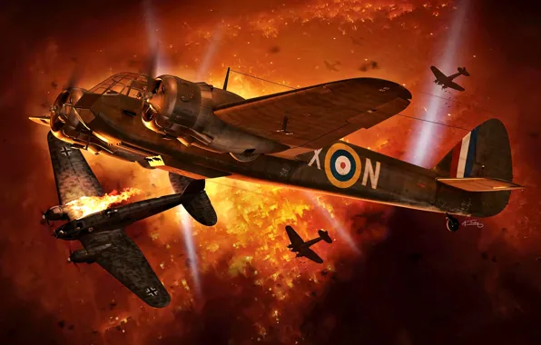 Картинка Ночь, Пожар, бомбардировщик, He 111, Ночной истребитель, Bristol, Лучи прожекторов, Blenheim Mk.IF