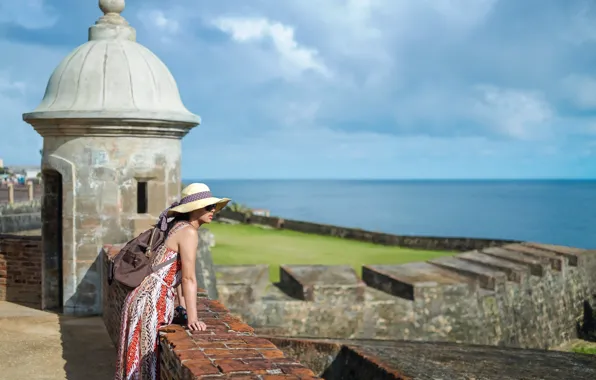 Картинка Девушка, Шляпа, Puerto Rico, San Juan, Пуэрто-Рико, Сан-Хуан, Castillo San Felipe del Morro, San Juan …