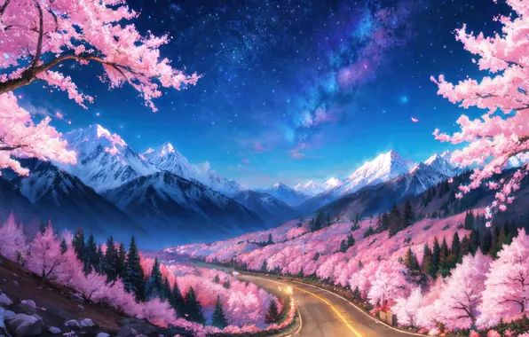 Картинка Sky, Snowy, Mountain, Night, Digital Art, Scenery, Forest, Cherry Blossom