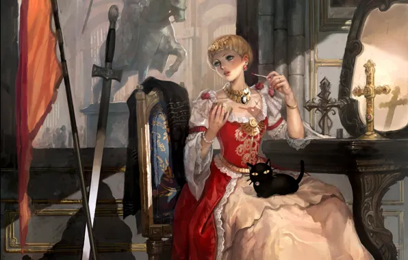 Картинка девушка, оружие, замок, котик, крест, меч, зеркало, арт