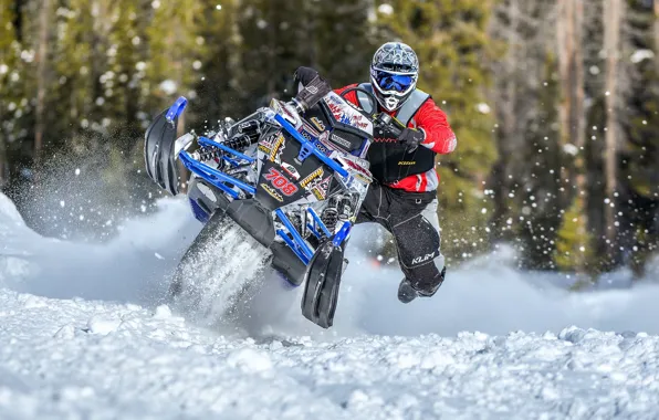 Синий, прыжок, Снег, Snow, снегоход, Polaris, snowmobile, Полярис