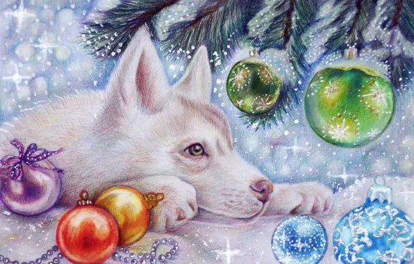 Картинка зима, снег, праздник, игрушки, елка, новый год, волк, арт