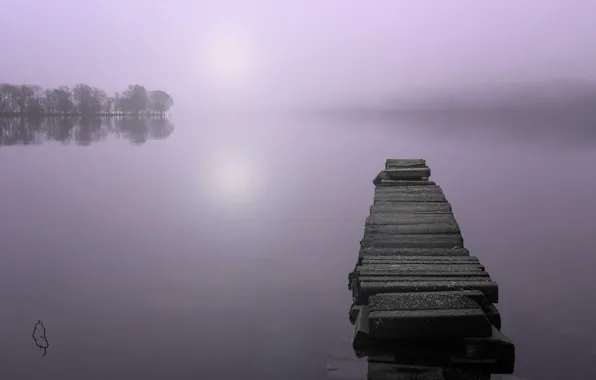 Пейзаж, мост, туман, озеро, утро