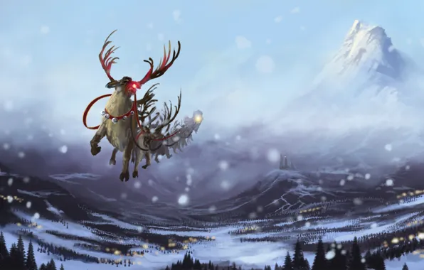 Картинка зима, снег, полет, горы, замок, новый год, арт, упряжка