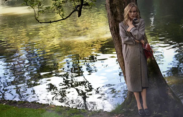 Озеро, стиль, дерево, актриса, мода, пальто, Diane Kruger, Дайан Крюгер