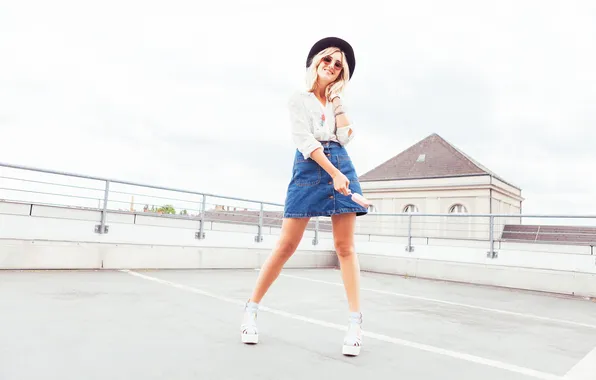 Girl, hat, model, cute, skirt, sunglasses, denim