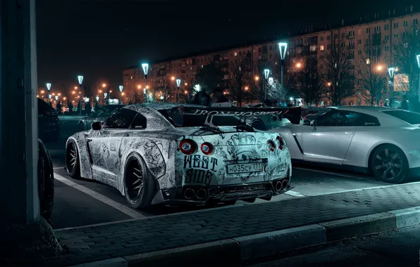 Авто, Ночь, Машина, Тюнинг, Nissan, GT-R, Парковка, Moscow