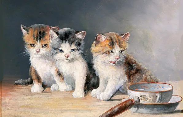 Котята, Картина, Трое, Три котенка, Немецкий художник-анималист, Moritz Muller II, Мориц Мюллер II