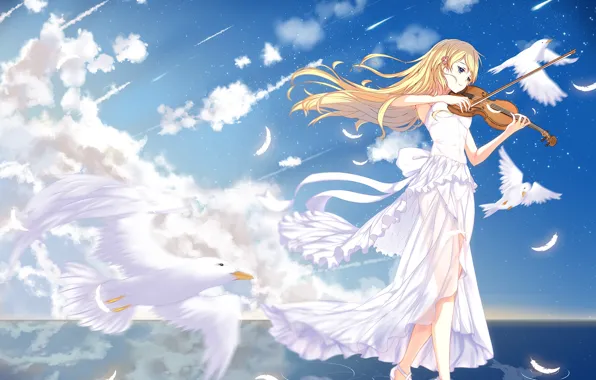 Девушка, скрипка, голуби, anime, art, Shigatsu wa Kimi no Uso, Kaori Miyazono