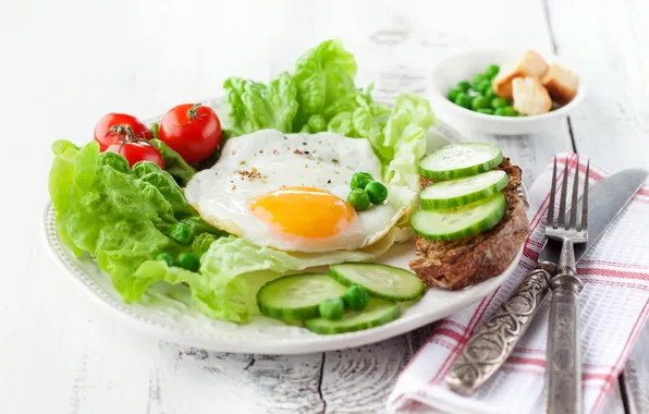 Завтрак, огурец, яичница, помидоры, салат, breakfast, egg, tomato