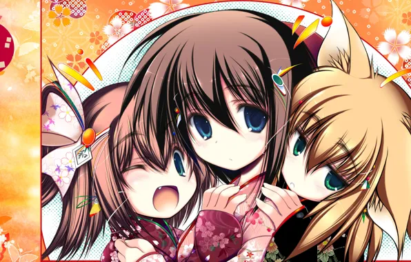 Дети, ушки, трое, neko, большие глаза, Yori Duo