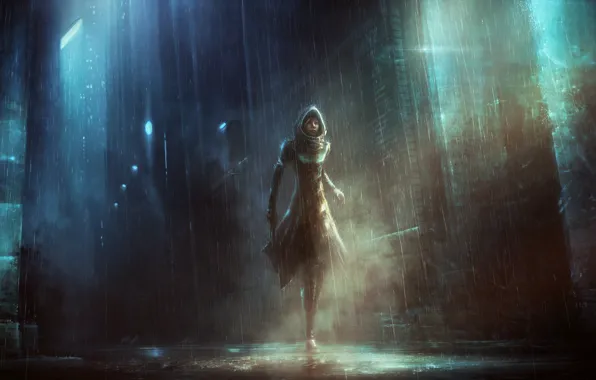 Картинка девушка, пистолет, дождь, Город, фонари, капюшон, лужи, плащ