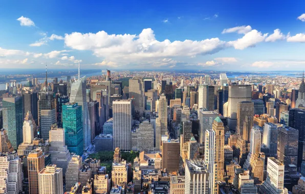 Картинка лето, город, здания, Нью-Йорк, размытость, Манхэттен, New York, Manhattan