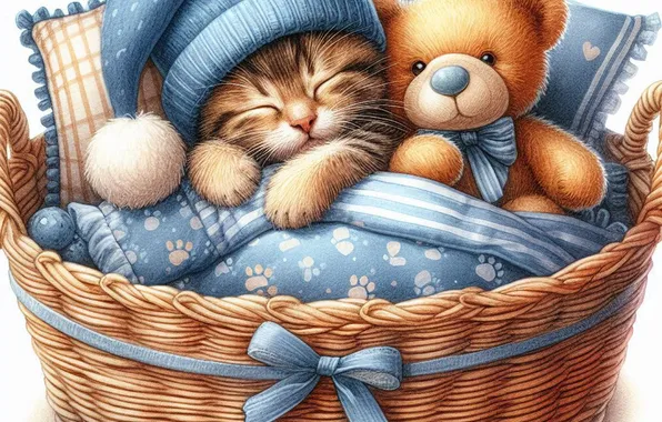 Кошка, взгляд, поза, котенок, игрушка, сон, подушки, мишка