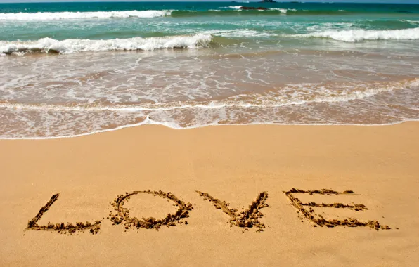 Картинка песок, море, пляж, лето, любовь, настроение, надпись, романтика
