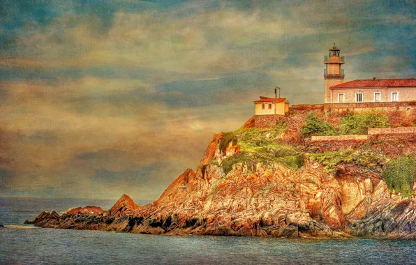 Море, небо, облака, закат, скала, маяк, холст, мыс