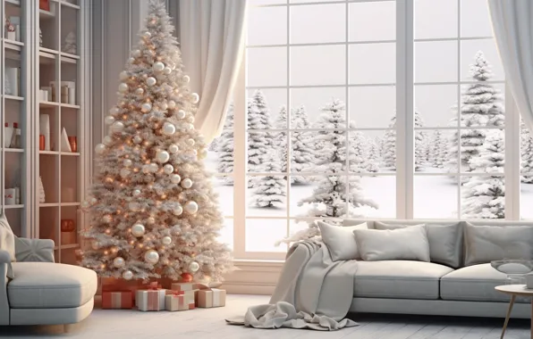 Зима, снег, украшения, дом, комната, диван, шары, елка