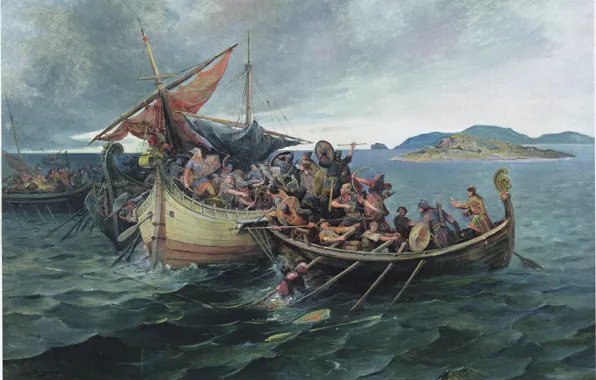 Sea, man, viking, shield, warrior, helmet, spear, honor